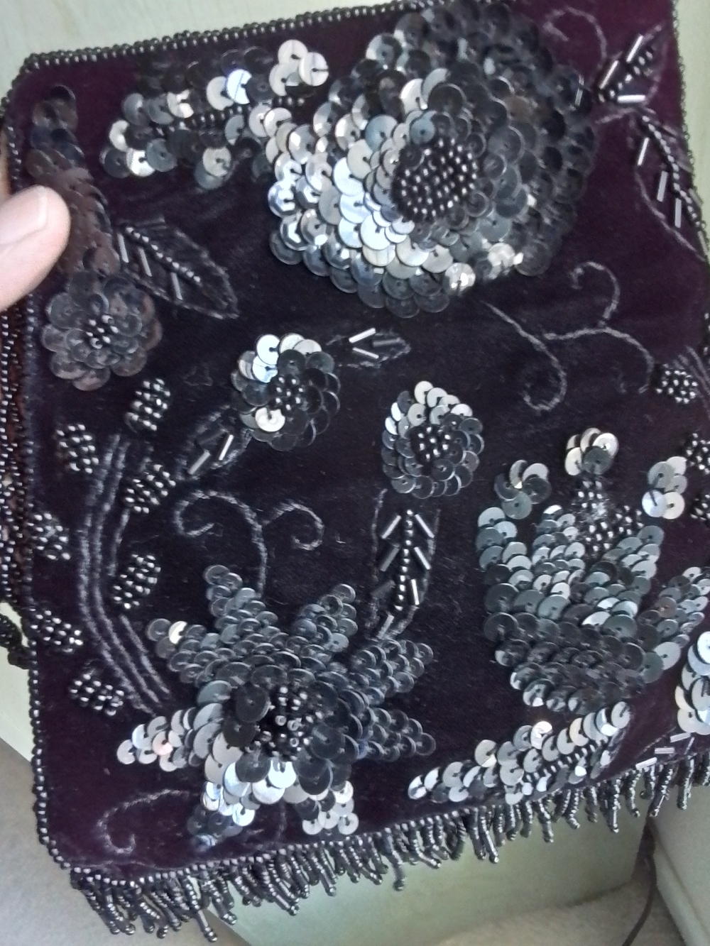 La Regale Black Velvet Sequin Floral Evening Bag